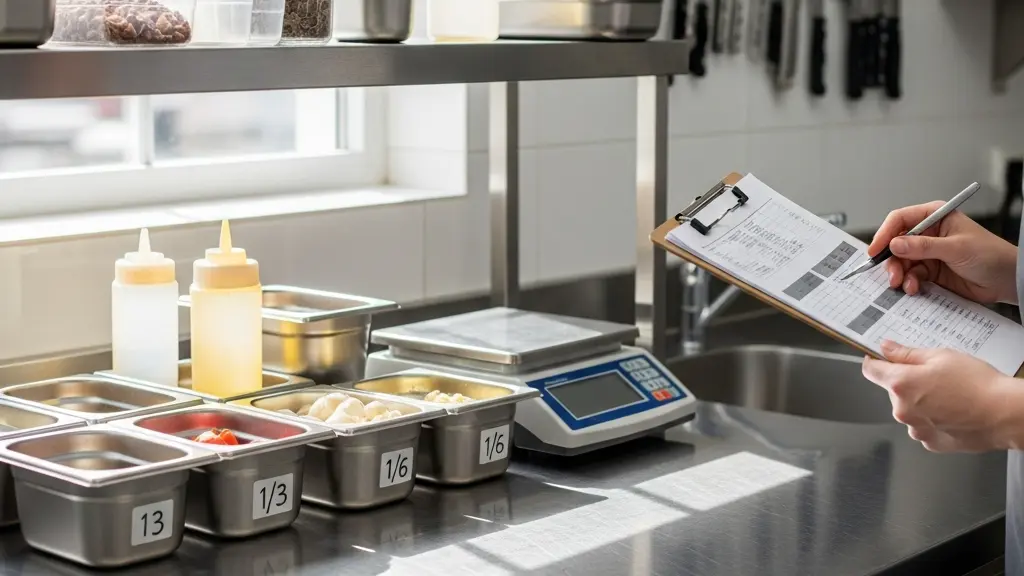 Chef en cuisine analysant une fiche technique avec calculatrice et ingrédients pesés précisément sur balance professionnelle