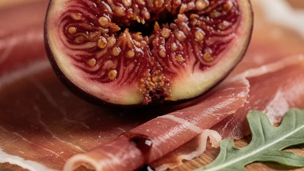 Vue macro d'une figue tranchée posée sur du jambon cru, révélant les textures contrastées du fruit et de la charcuterie.