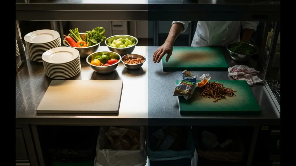 Vue symbolique d'une cuisine professionnelle montrant les flux de circulation croisés autour d'un îlot central avec des ustensiles propres et des bacs de déchets