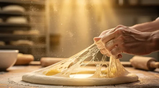 Mains de boulanger étirant délicatement une pâte élastique montrant sa structure alvéolée et sa transparence caractéristique d'une farine de force