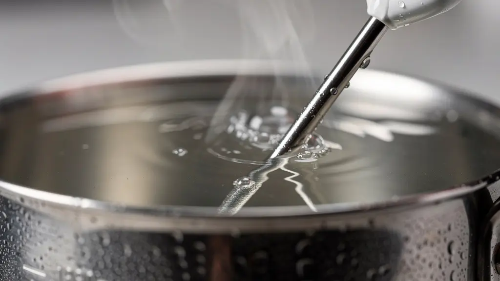 Gros plan macro sur un thermomètre numérique plongé dans de l'eau avec de la vapeur visible