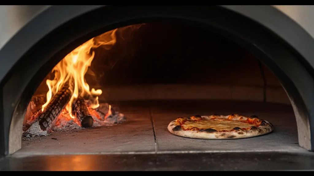 Vue large d’un four à pizza en chauffe avec flamme latérale, sole visible et une pizza en cours de cuisson, suggérant un équilibre entre chaleur de voûte et chaleur de sole.
