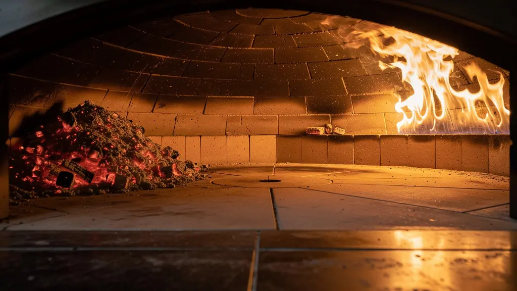 Intérieur d'un four à pizza professionnel avec flammes visibles et sole en pierre réfractaire