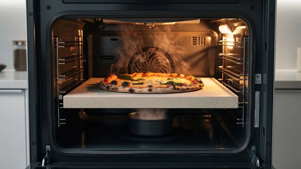 Four domestique ouvert montrant une pizza sur pierre réfractaire avec vapeur visible