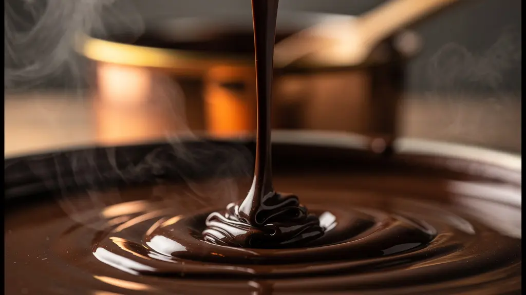 Ganache de chocolat grand cru brillante en préparation, texture soyeuse visible