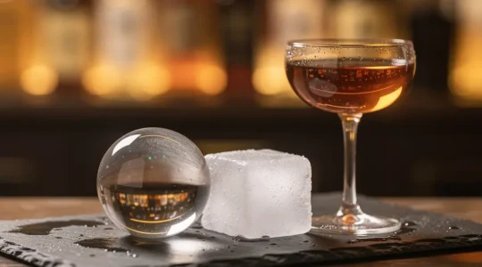 Gros plan sur un glaçon parfaitement transparent posé sur un comptoir de bar sombre, éclairé par une lumière ambrée qui révèle sa structure cristalline à côté d'un verre à cocktail