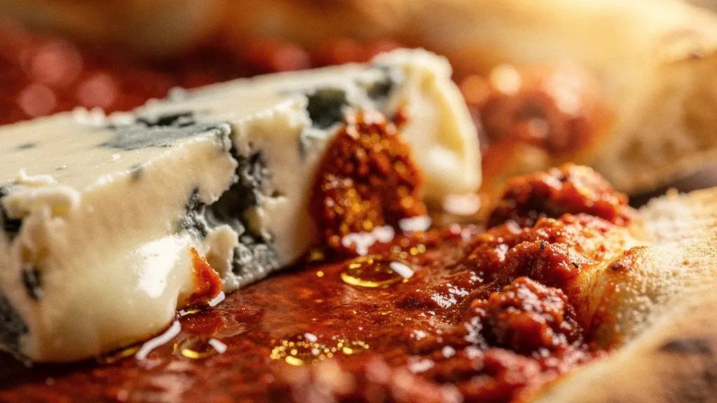 Gros plan macro sur une part de pizza montrant le Gorgonzola crémeux fondant au contact de la nduja piquante