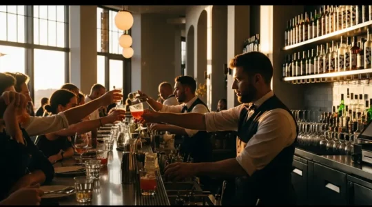 Vue d'ambiance d'un bar restaurant animé pendant l'happy hour avec bartenders en action