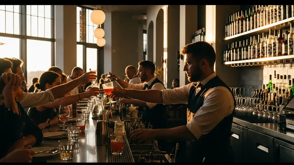 Vue d'ambiance d'un bar restaurant animé pendant l'happy hour avec bartenders en action