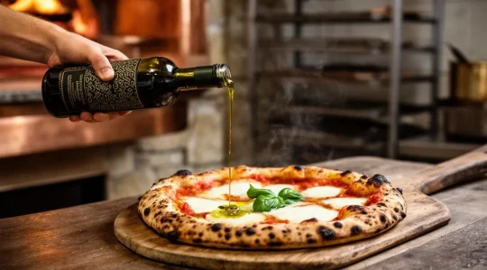 Filet d'huile d'olive extra vierge coulant sur une pizza napolitaine dorée à la sortie du four, avec des reflets dorés et une vapeur légère