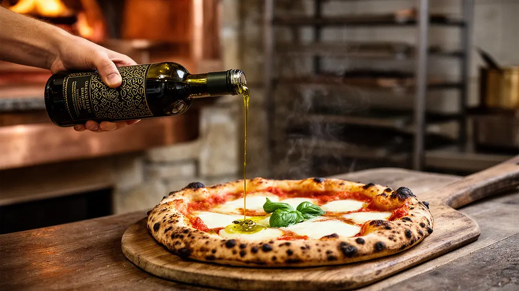 Filet d'huile d'olive extra vierge coulant sur une pizza napolitaine dorée à la sortie du four, avec des reflets dorés et une vapeur légère