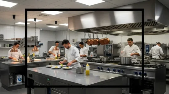 Vue en plongée d'une cuisine professionnelle en inox avec un îlot central autour duquel s'active une brigade de cuisiniers