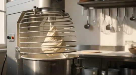 Pâte à pizza en cours de pétrissage dans un pétrin professionnel montrant la texture idéale