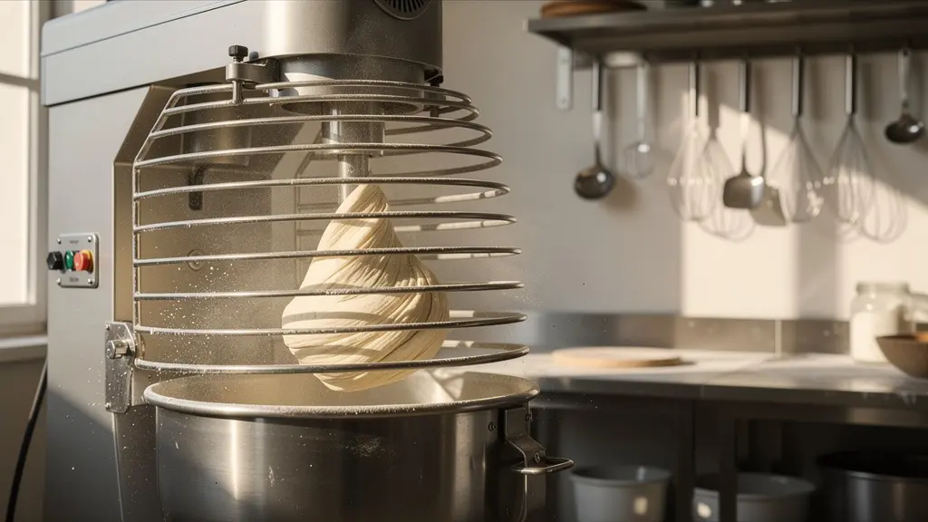 Pâte à pizza en cours de pétrissage dans un pétrin professionnel montrant la texture idéale