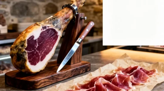 Jambon de Parme 24 mois entier posé sur un support en bois, avec des tranches fines découpées au couteau, éclairage naturel doux de type éditorial