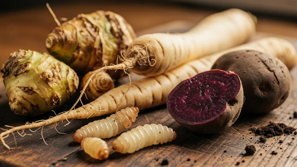 Gros plan macro sur des légumes anciens oubliés comme le panais, le topinambour et le crosne disposés sur une surface en bois rustique