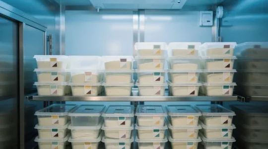 Chambre froide professionnelle avec bacs à pâtons organisés sur étagères, éclairage bleuté et système de gestion visuel