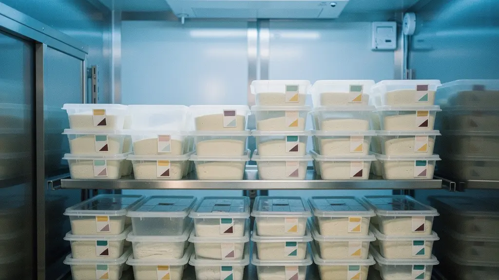 Chambre froide professionnelle avec bacs à pâtons organisés sur étagères, éclairage bleuté et système de gestion visuel