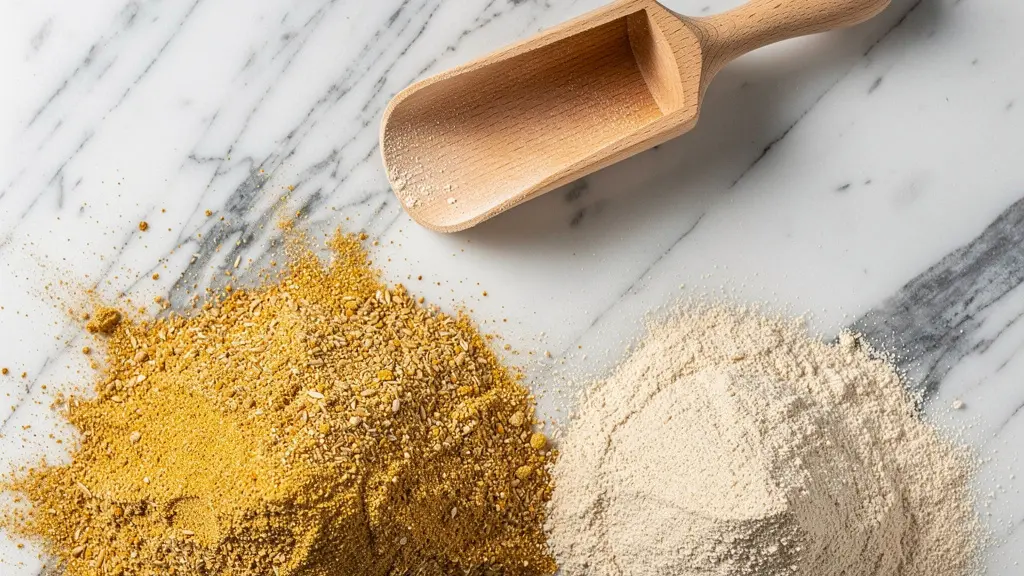 Mélange de farines de kamut et épeautre avec texture dorée caractéristique