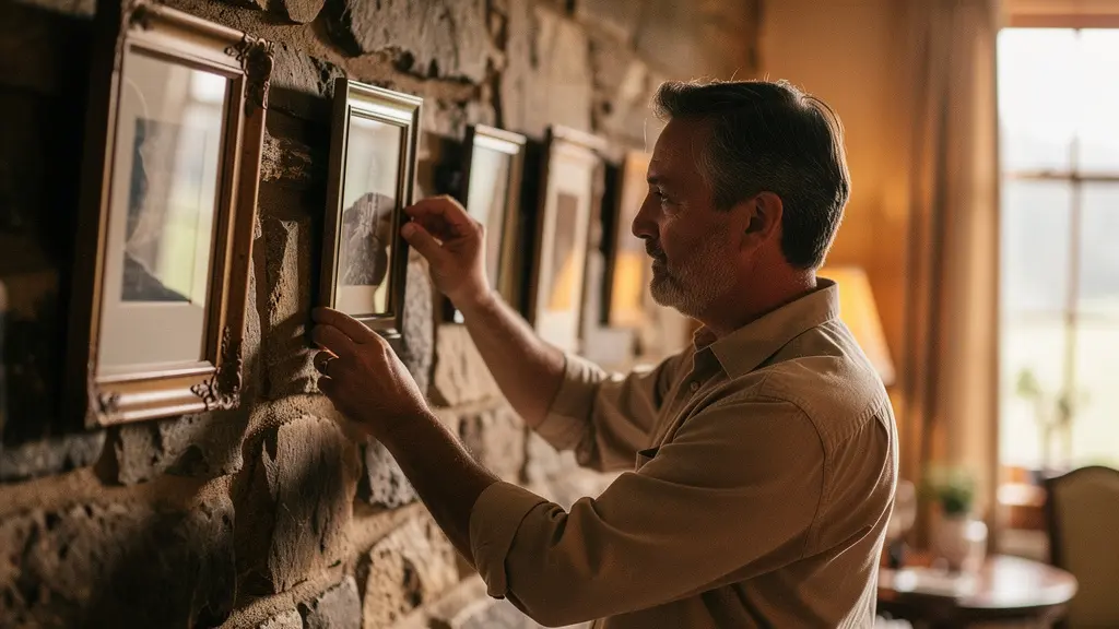 Une employée d’auberge accroche un cadre ancien sur un mur en pierre, dans une ambiance chaleureuse.