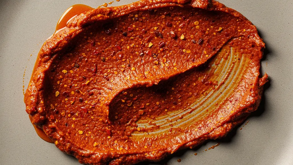 Gros plan macro sur la texture crémeuse et granuleuse de la nduja calabraise, révélant les particules de piment rouge vif dans la masse grasse
