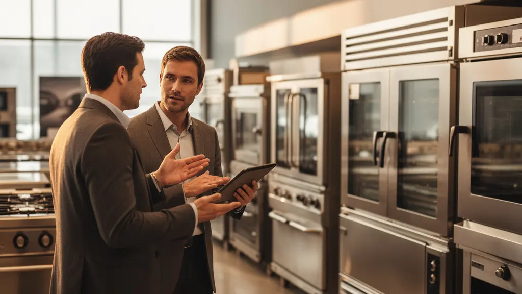 Scène de négociation dans un showroom d'équipements de cuisine professionnelle avec focus sur l'interaction commerciale