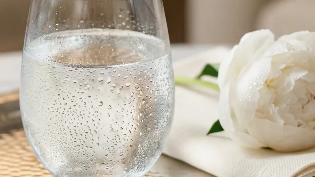 Plateau de service en argent présentant un verre d'eau minérale et une fleur fraîche sur fond flou de chambre d'hôtel luxueuse