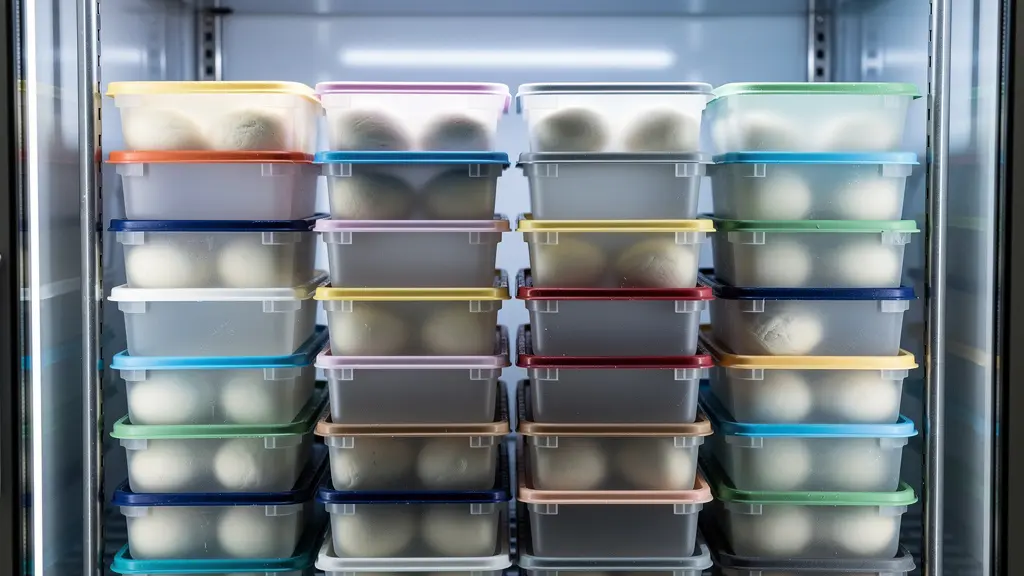 Vue d'ensemble d'un réfrigérateur professionnel organisé avec des bacs à pâtons colorés empilés verticalement selon le système FIFO