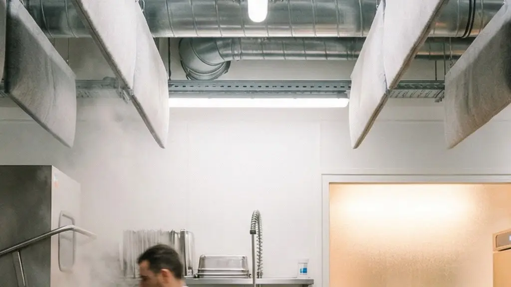 Panneaux acoustiques suspendus au plafond au-dessus d'une zone de plonge dans une cuisine professionnelle en inox