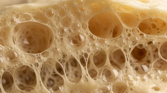 Pâte à pizza en fermentation avec bulles et texture alvéolée visible