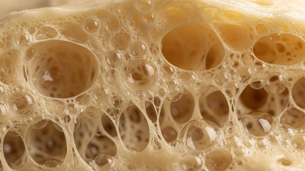 Pâte à pizza en fermentation avec bulles et texture alvéolée visible