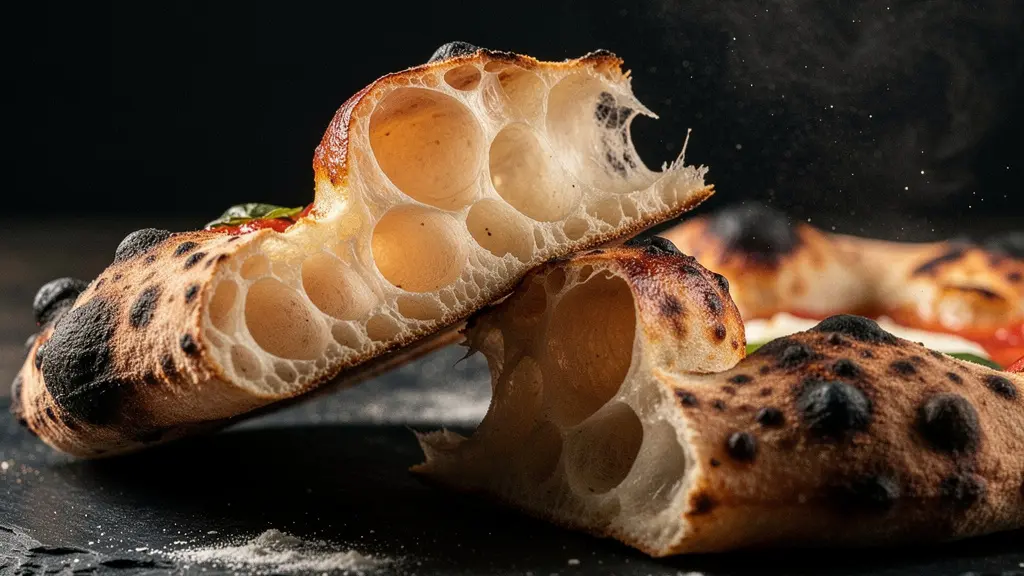 Coupe transversale d'une corniche de pizza napolitaine montrant la structure alvéolée légère et aérée du cornicione