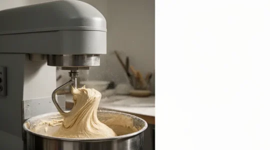 Pâte très hydratée en cours de pétrissage dans un pétrin à spirale professionnel, avec un grand espace vide pour une mise en page éditoriale.