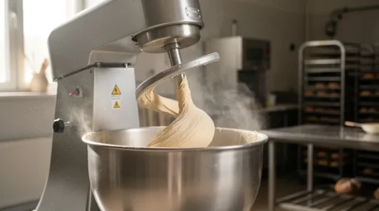 Vue d'un pétrin à spirale professionnel en action avec de la vapeur s'échappant légèrement de la cuve