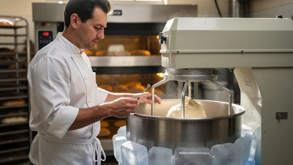 Vue d'ensemble d'un fournil montrant un pétrin avec de la glace autour de la cuve et un boulanger au travail