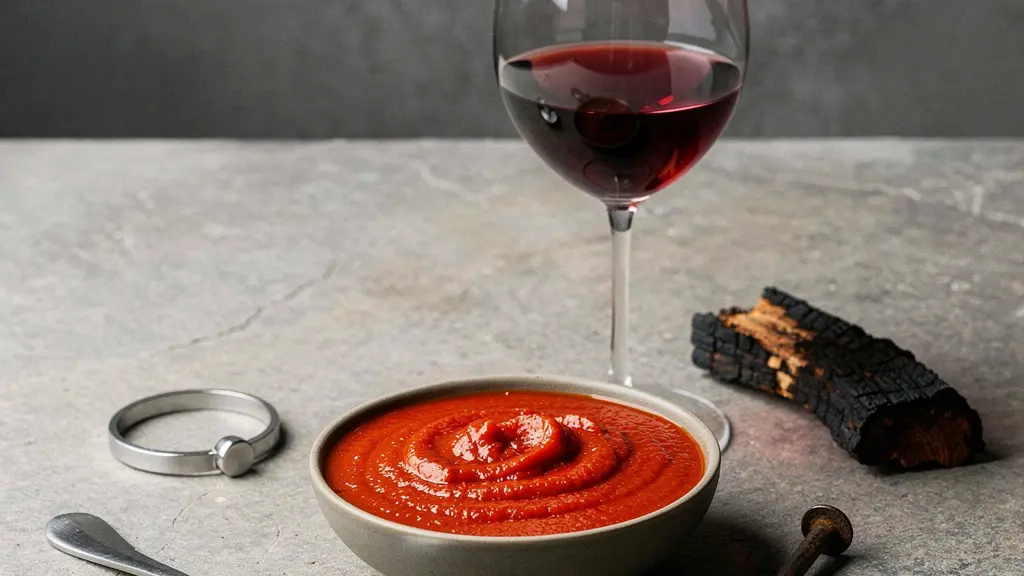 Nature morte conceptuelle : sauce tomate, verre de vin rouge léger et objets métalliques suggérant une note ferreuse.