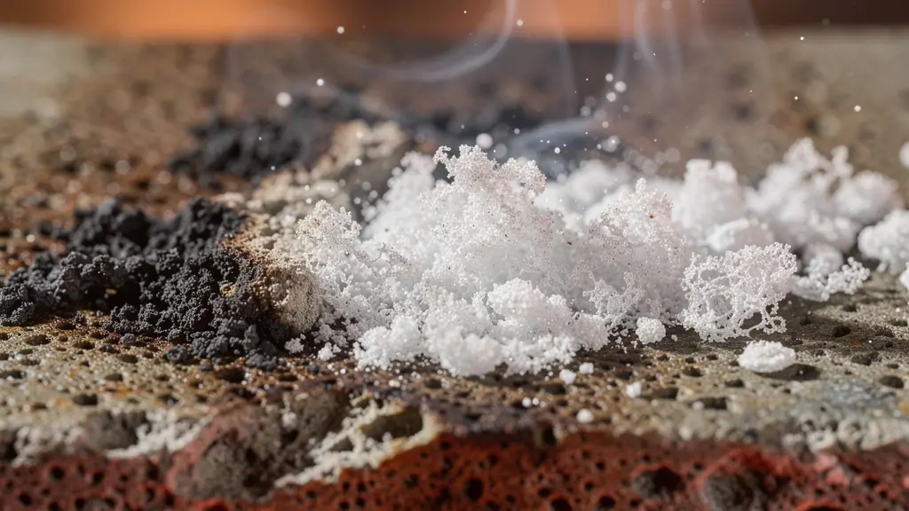 Pierre réfractaire dans un four à haute température montrant la transformation des résidus en cendres