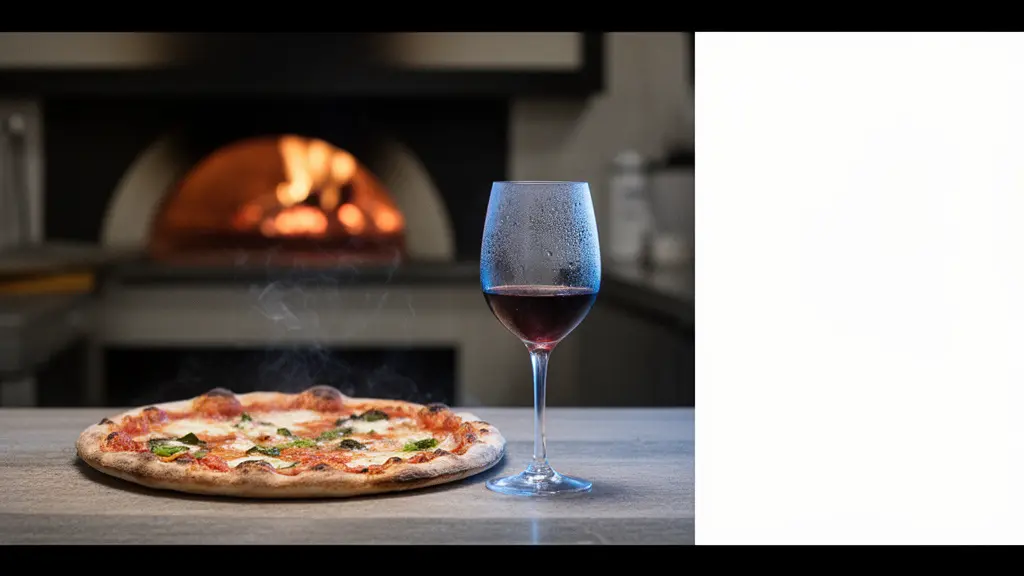 Scène de pizzeria : pizza très chaude sur table et vin rouge léger servi un peu frais, mettant en valeur le contraste thermique.