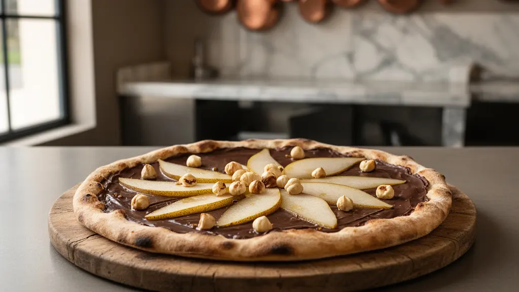 Pizza dessert artisanale avec ganache de chocolat grand cru et garniture de fruits frais sur une pâte dorée