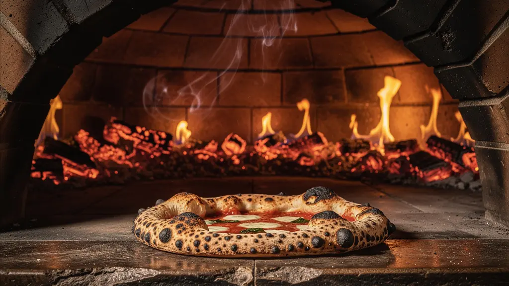 Pizza napolitaine traditionnelle dans un four à bois avec flammes dorées illuminant la croûte caractéristique