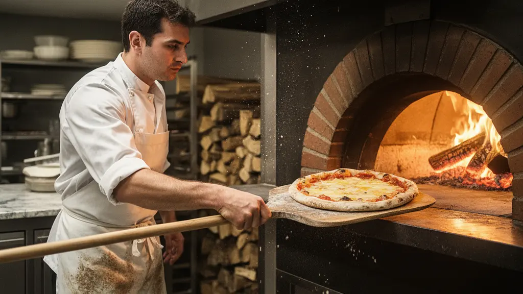 Pizzaïolo professionnel enfournant une pizza avec une pelle dans un four à bois traditionnel