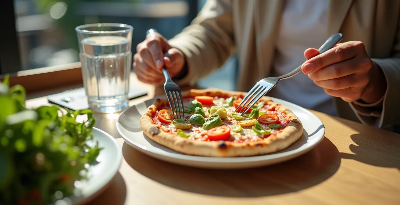 Pizzetta individuelle artisanale présentée avec salade pour un déjeuner équilibré
