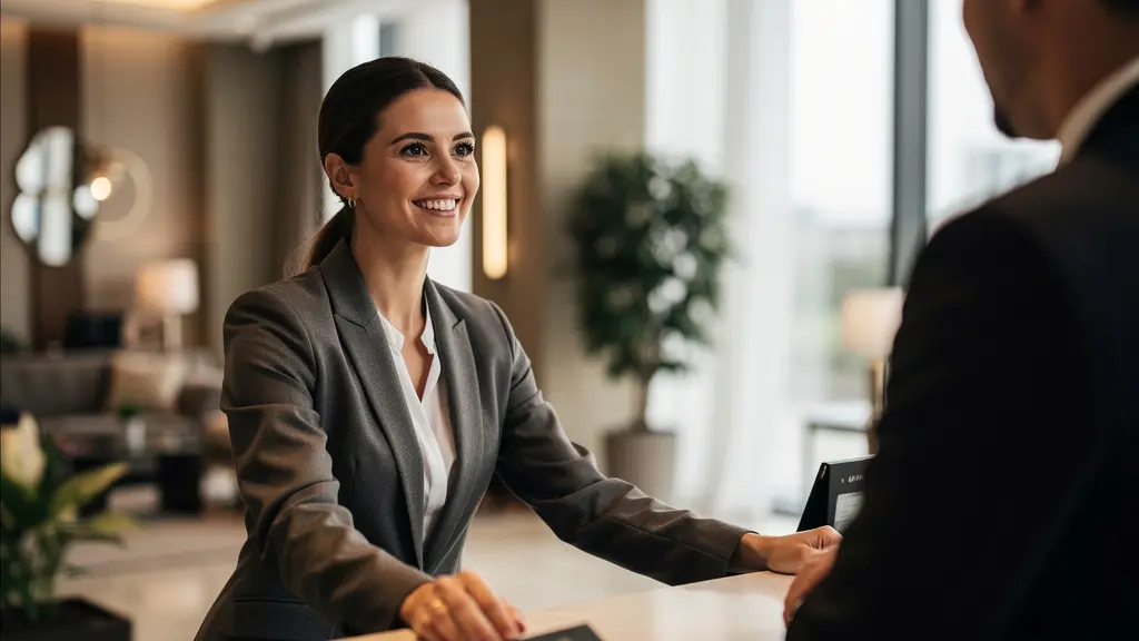 Réceptionniste accueillant un client à la réception d'un hôtel avec un sourire professionnel