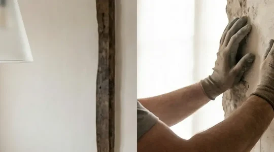 Salle commune d’une auberge historique modernisée avec poutres anciennes conservées et éclairage contemporain discret.