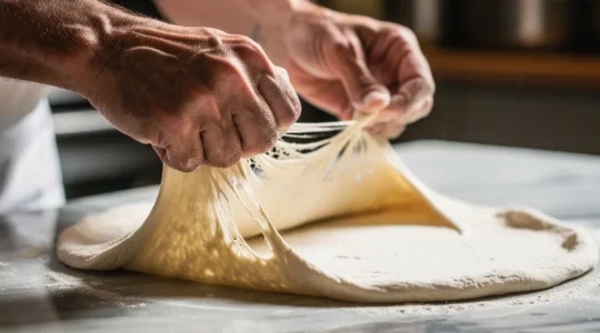 Gros plan macro sur les mains d'un pizzaiolo étirant une pâte à pizza montrant la texture et l'élasticité du réseau de gluten