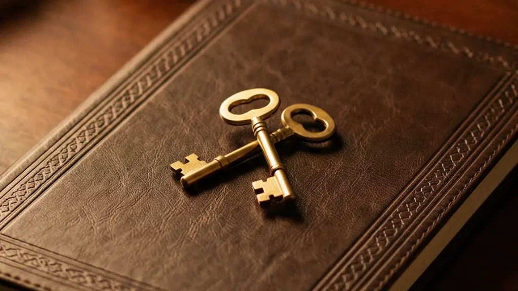 Deux clés dorées croisées posées sur un carnet relié en cuir dans la lumière tamisée d'un bureau élégant