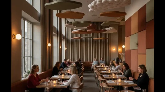 Salle de restaurant moderne avec traitement acoustique visible, convives en conversation détendue