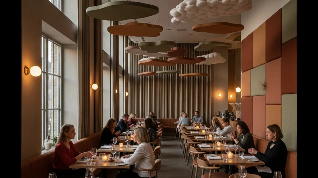 Salle de restaurant moderne avec traitement acoustique visible, convives en conversation détendue