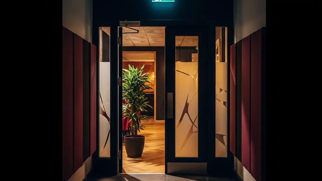 Vue d'un sas d'entrée de restaurant avec double porte et panneaux acoustiques créant une zone tampon