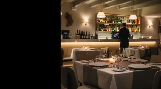 Salle de restaurant chaleureuse en début de service un soir d'automne, avec une table mise en avant et de l'espace libre pour un titre éditorial.